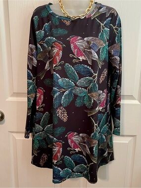 NWT NANU Black Bird & Pinecone Print Long Sleeve Tunic Dress MISSES SIZE MEDIUM